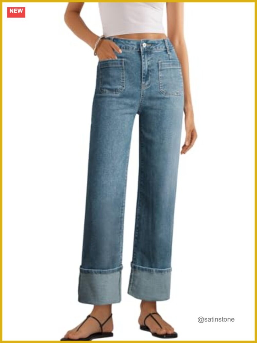 High Waisted Wide Leg Jeans Cuffed Hem Stretch Denim Casual
